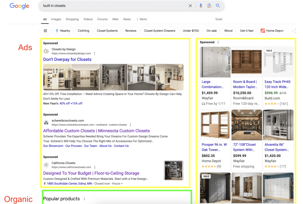 An example of a user's search result page, predominately showing ads over organic results